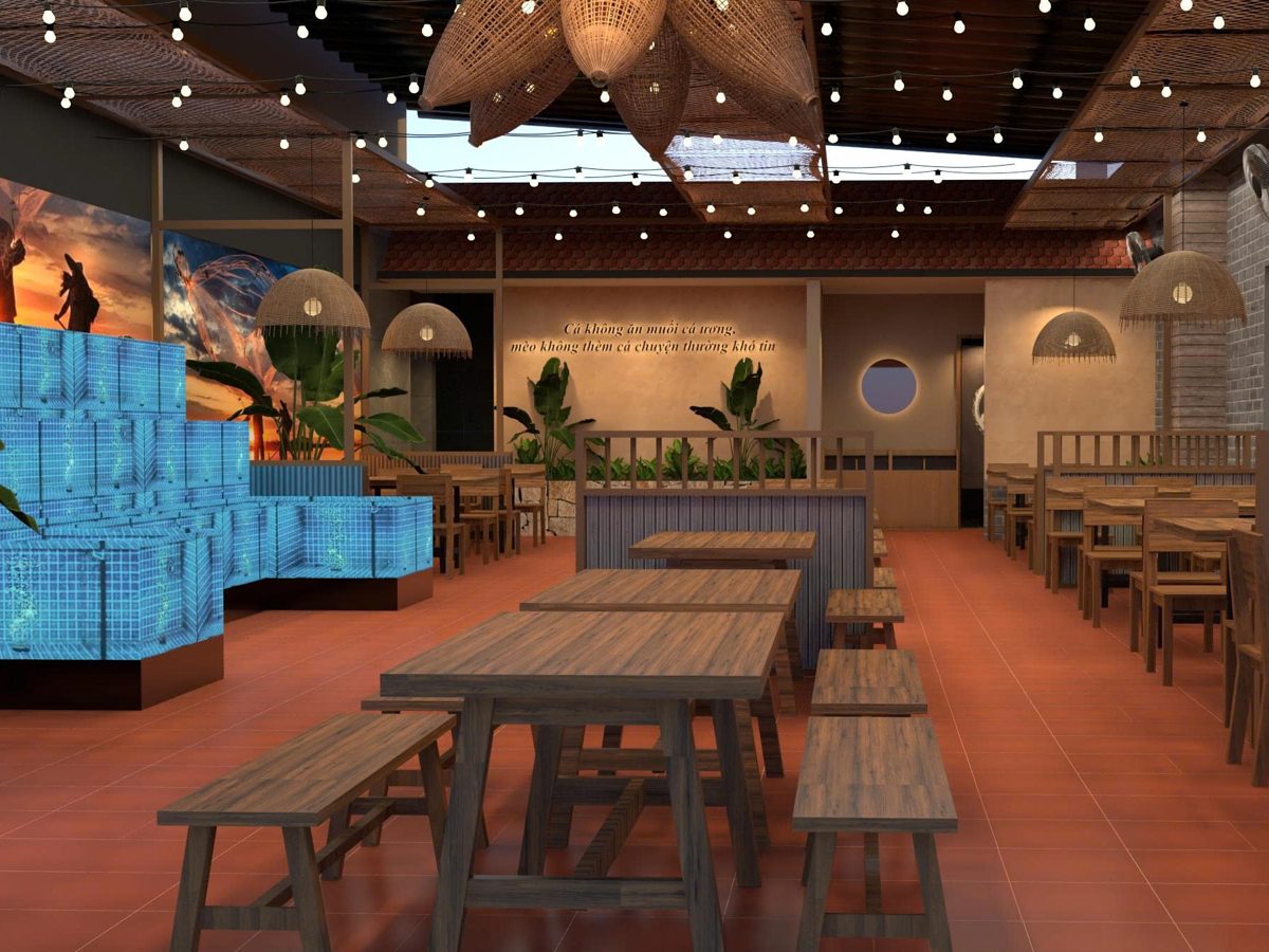Không gian xóm chài với lưới cá và đèn dây vàng — Mèo Thèm Cá, Seafood & Chill tại Đà Nẵng
